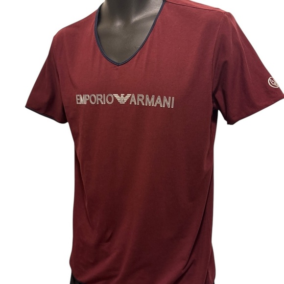 Armani Exchange Men's Slim Fit Short Sleeve Pima Cotton V-Neck Shirt, Burgundy - Picture 4 of 16